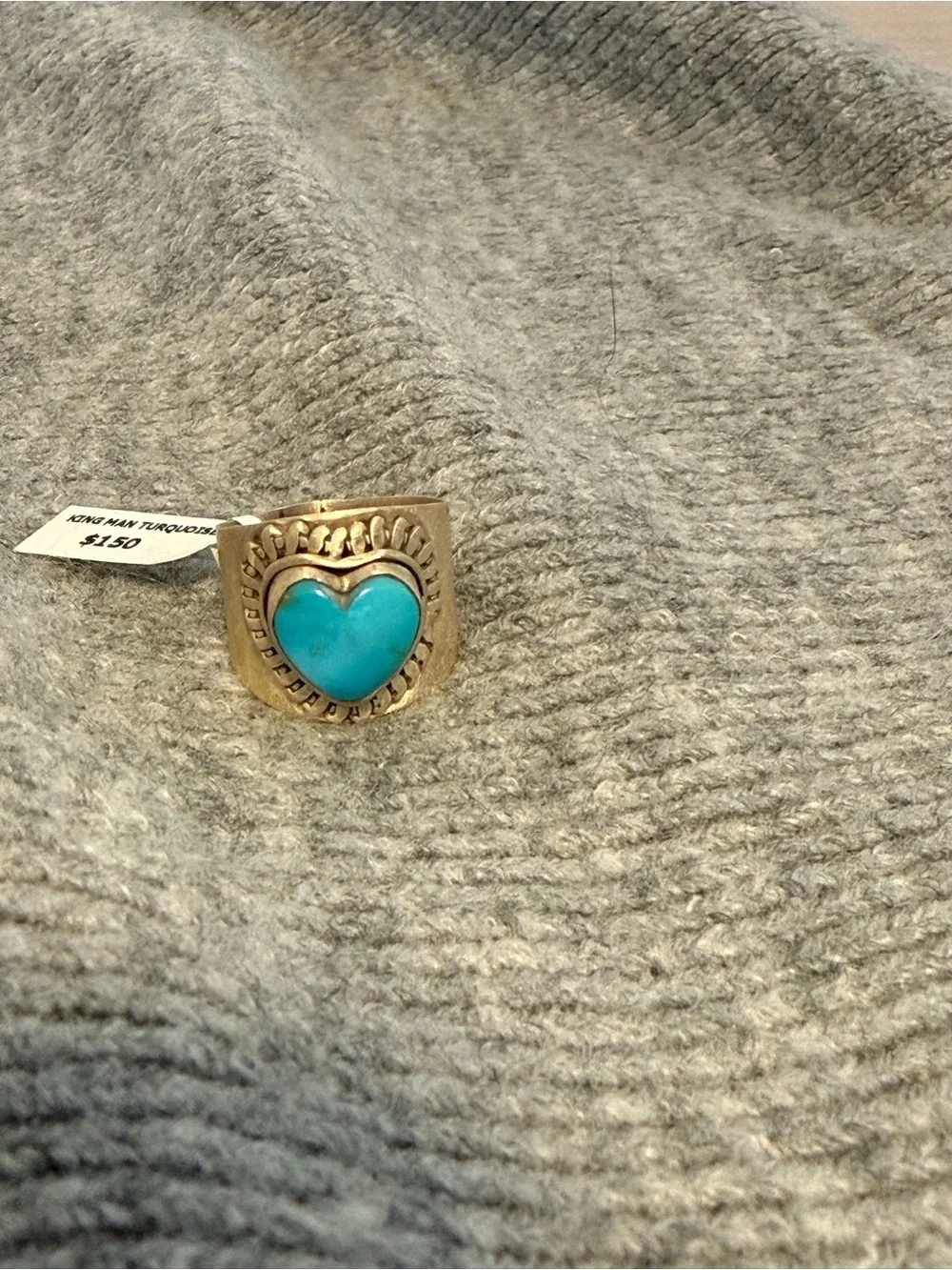 Kingman Turquoise 925 Sterling Silver Heart Cigar Band Ring - Blue Heart